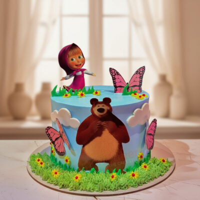 A beautifully decorated Masha Bear themed cake with colorful butterflies and flowers