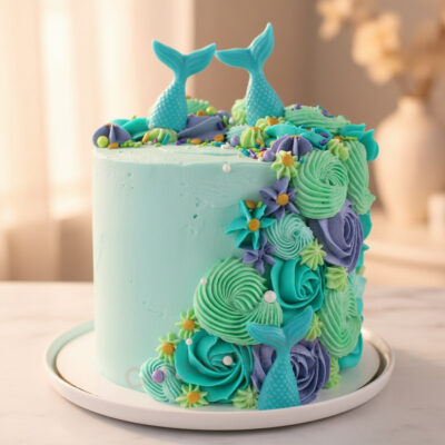 Enchanting Mermaid Magic Cake with tails and colorful frosting