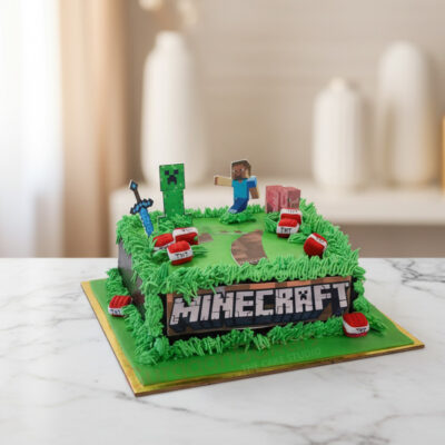 Minecraft themed cake with characters and decorations