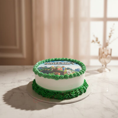 Minecraft-themed cake with green icing and edible decoration