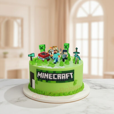 Minecraft themed birthday cake featuring game characters and elements
