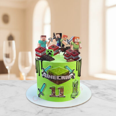A vibrant Minecraft themed cake with characters and decorations