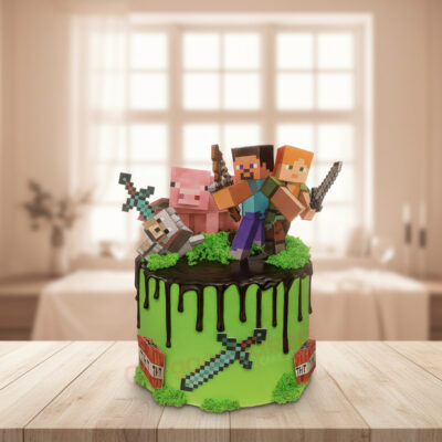 A colorful Minecraft-themed cake featuring characters and vibrant decorations