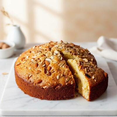 Nutty Delight Healthy Cake topped with almonds and oats