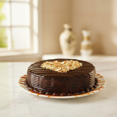 Nutty Delight Healthy Cake with chocolate frosting and almonds