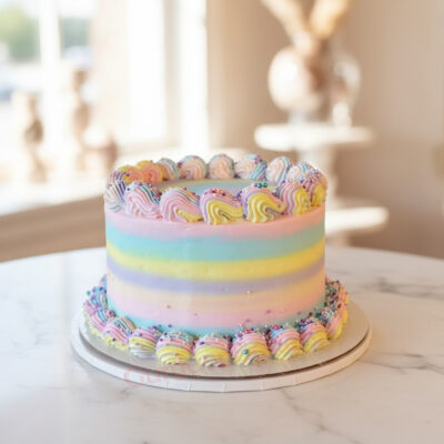 Vibrant rainbow cake with swirls of pastel frosting on a marble table