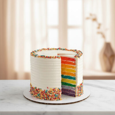 Vibrant rainbow cake with colorful layers and sprinkles