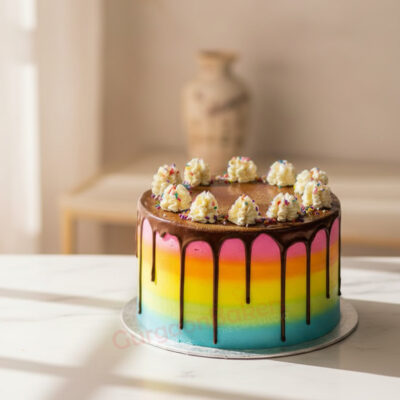 Vibrant rainbow cake with chocolate ganache and sprinkles