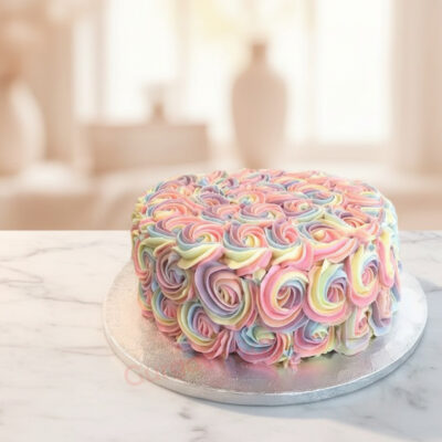 Rainbow Whirl Cake beautifully decorated with swirled frosting