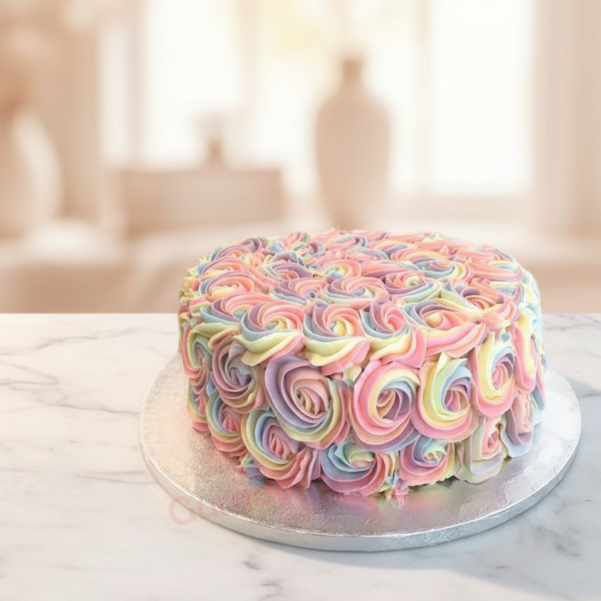 Rainbow Whirl Cake Rainbow Whirl Cake beautifully decorated with swirled frosting