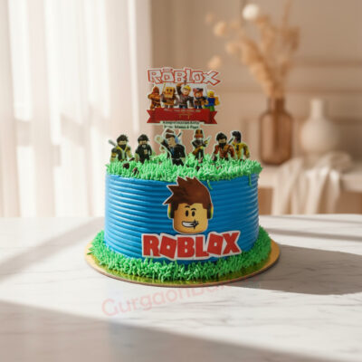Vibrant Roblox themed birthday cake with green grass and figurines