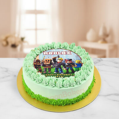 Roblox Adventure Cake with green frosting and a character image