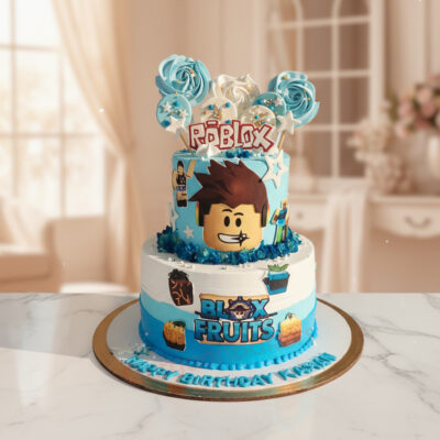 A vibrant two-tier Roblox themed birthday cake.