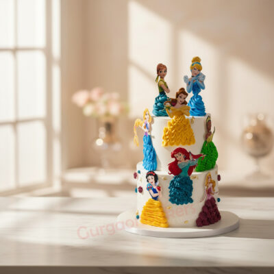 Enchanting tier princess cake with colorful frosting and figurines