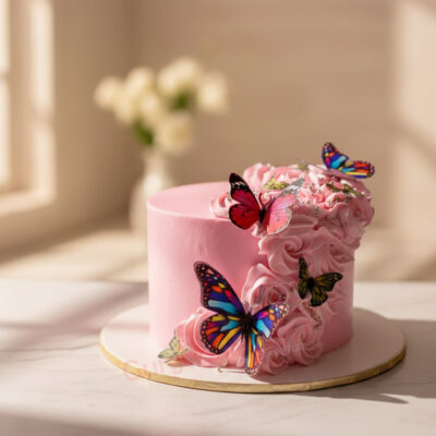 Beautiful pink cake adorned with colorful butterfly decorations