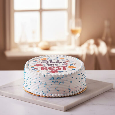 Farewell cake for colleague with 'All the Best' message and colorful decorations