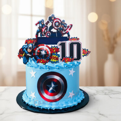 Avengers themed birthday cake featuring Captain America.