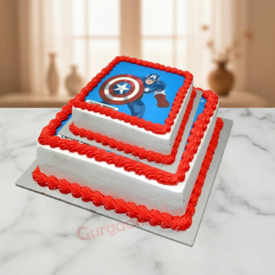 Avengers Captain America themed cake with red frosting