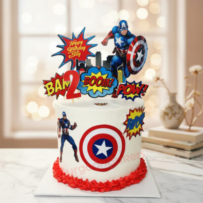 Avengers theme birthday cake featuring Captain America and comic book elements.