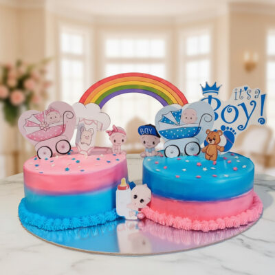 Vibrant baby shower cake featuring baby prams, a rainbow, and playful decorations.