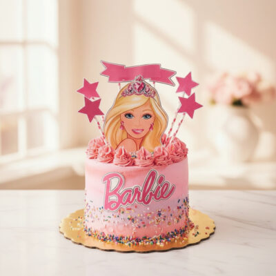 Pink Barbie theme cake with colorful sprinkles