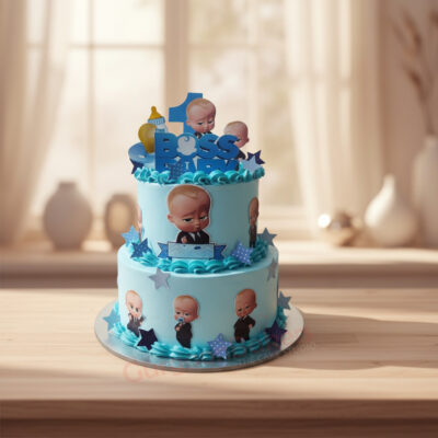 Two-tier Boss Baby theme cake decorated with blue frosting and character toppers