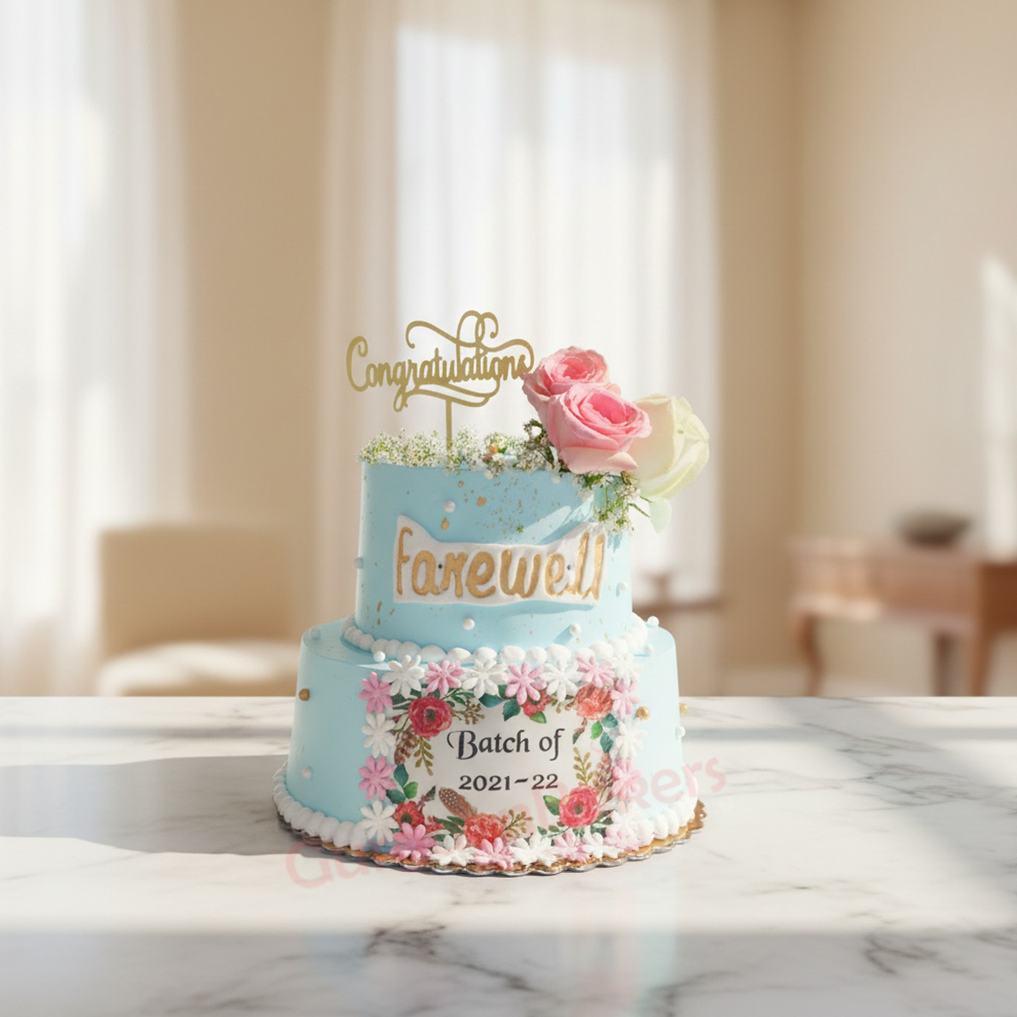 Blue Floral Farewell Cake A beautiful blue farewell cake with flowers and a congratulations topper