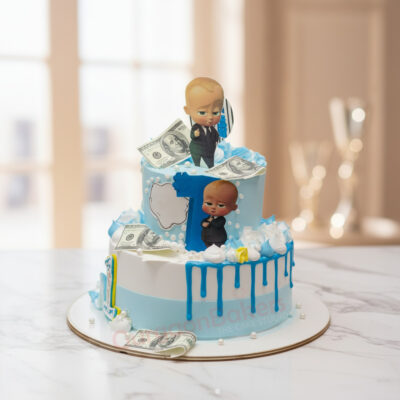 A stunning Boss Baby theme cake with figurines, money, and colorful decorations.