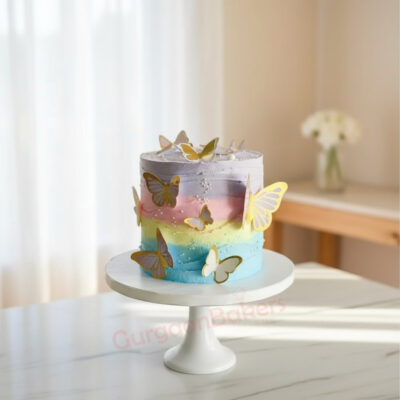 Colorful butterfly theme cake with decorations