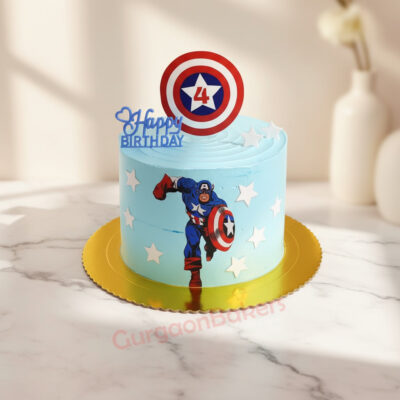 Avengers theme cake with Captain America design and birthday decoration.