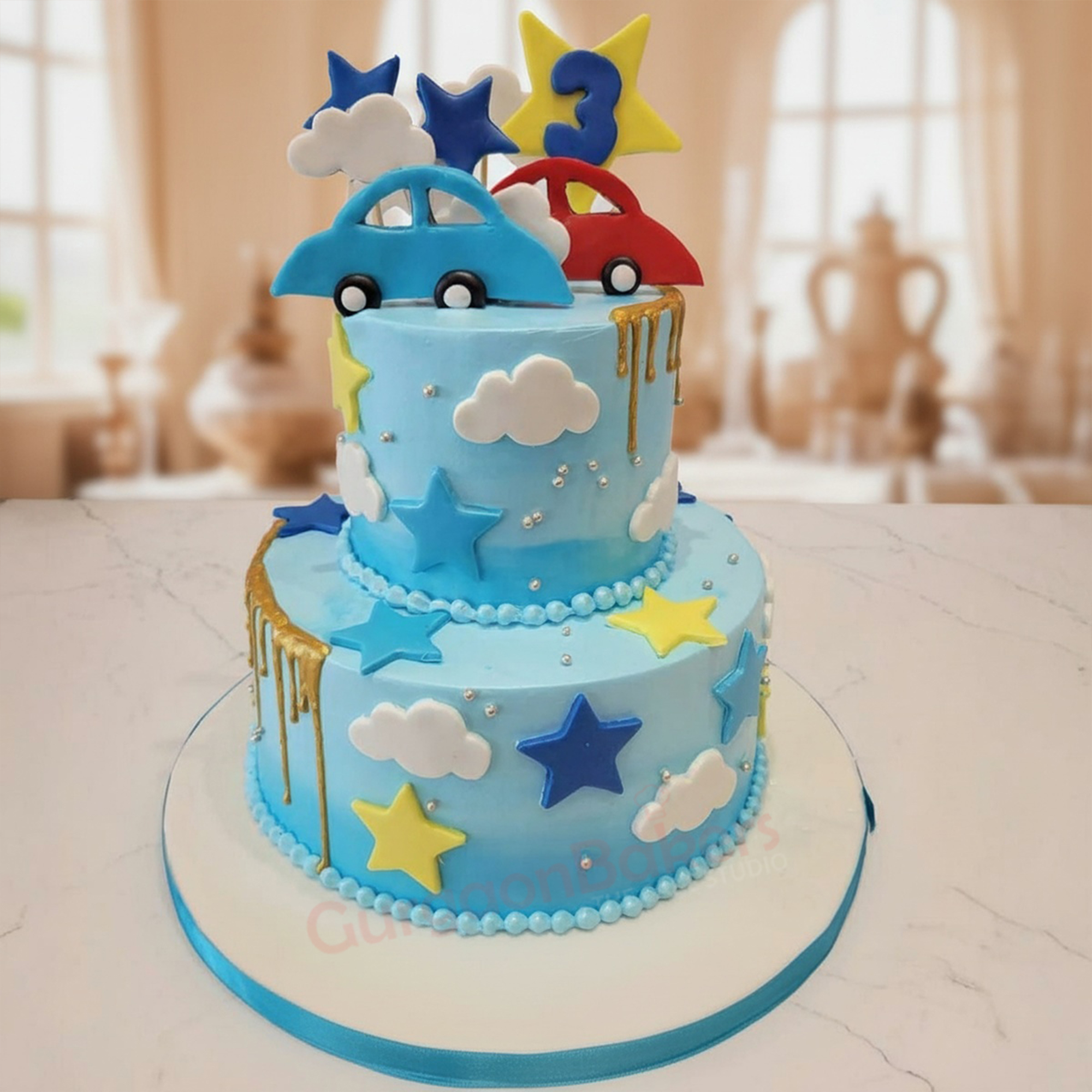 Race to Fun: Car Theme Cake Colorful car theme cake for kids with stars and clouds.