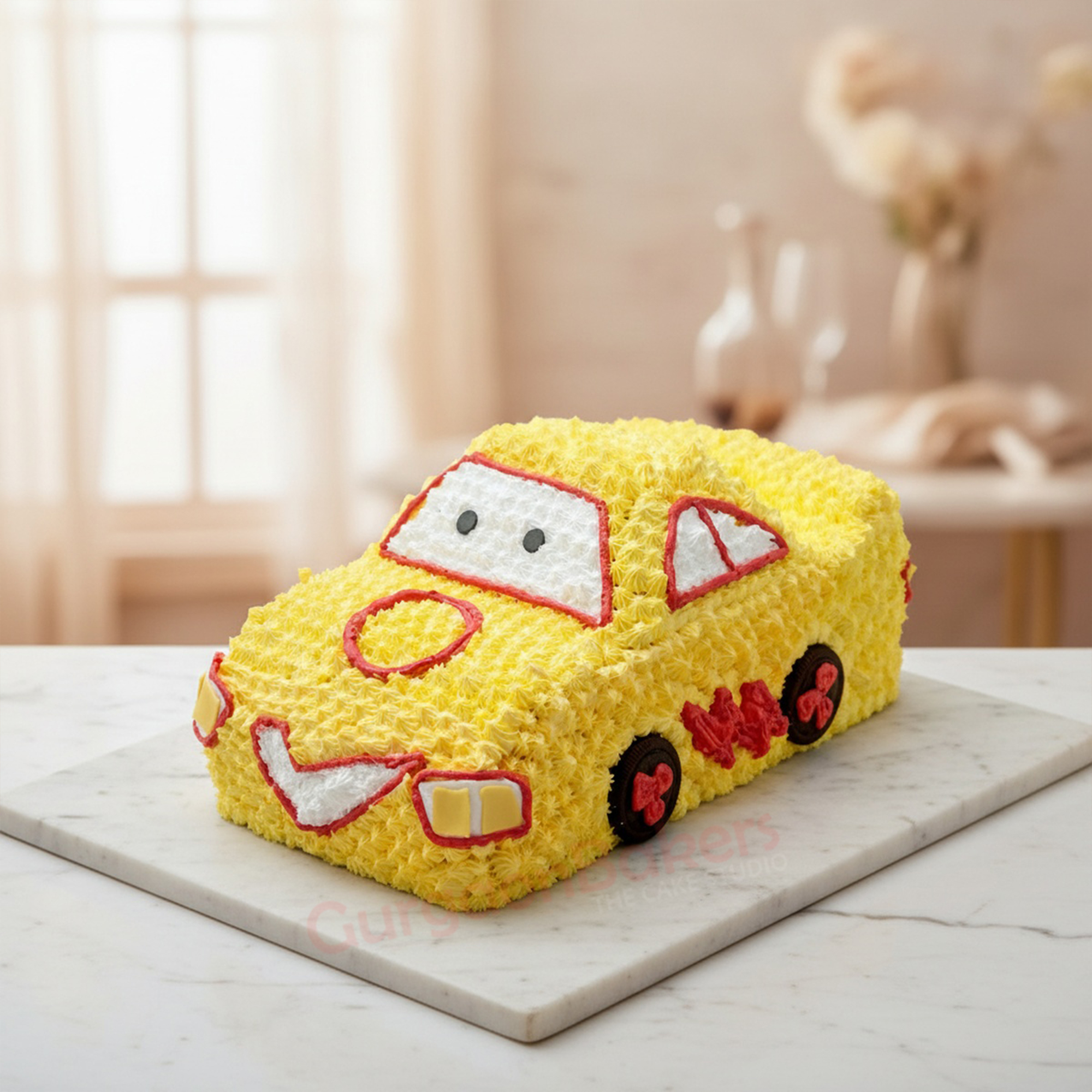 Car Shape Cake Bright yellow car shape cake decorated with colorful icing