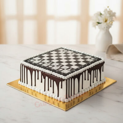 A beautifully crafted chess cake with a chocolate drip and chessboard design