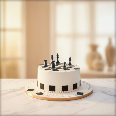 Decorative chess-themed cake with black and white design