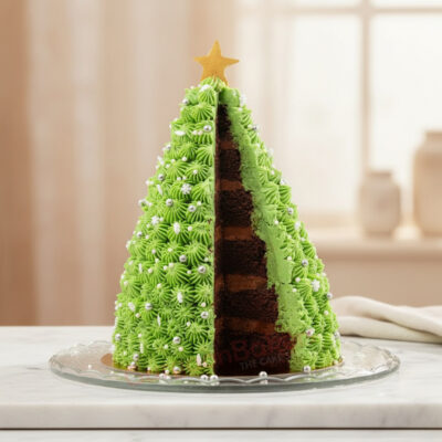 A beautifully crafted Christmas Tree Cake with green frosting and a decorative star on top