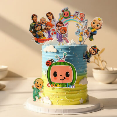 Colorful Cocomelon cake decorated with fun characters and details