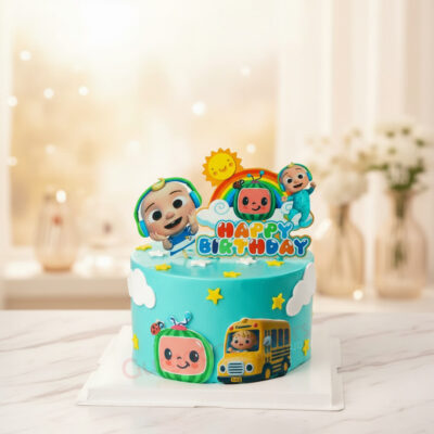 Vibrant Cocomelon customised cake with cheerful decorations