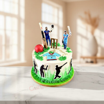 Cricket theme cake with figurines and decorations
