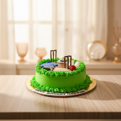 Colorful cricket theme cake with bat and ball decoration