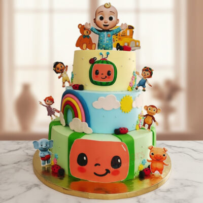 Whimsical multi-tiered customized Cocomelon cake with colorful decorations