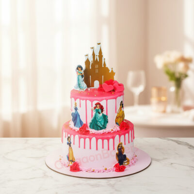 A two-tiered princess theme cake with colorful princess figurines and a castle topper.