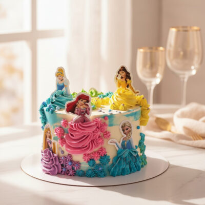 Colorful princess theme cake with multiple princess figures