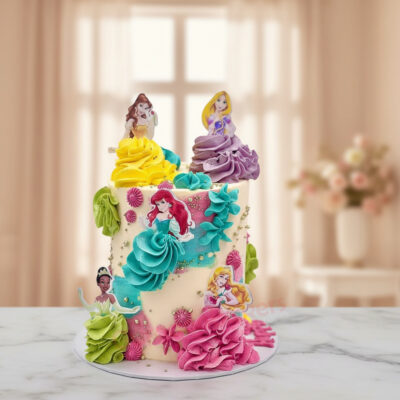 A colorful princess theme cake adorned with decorative princess figurines and floral designs.