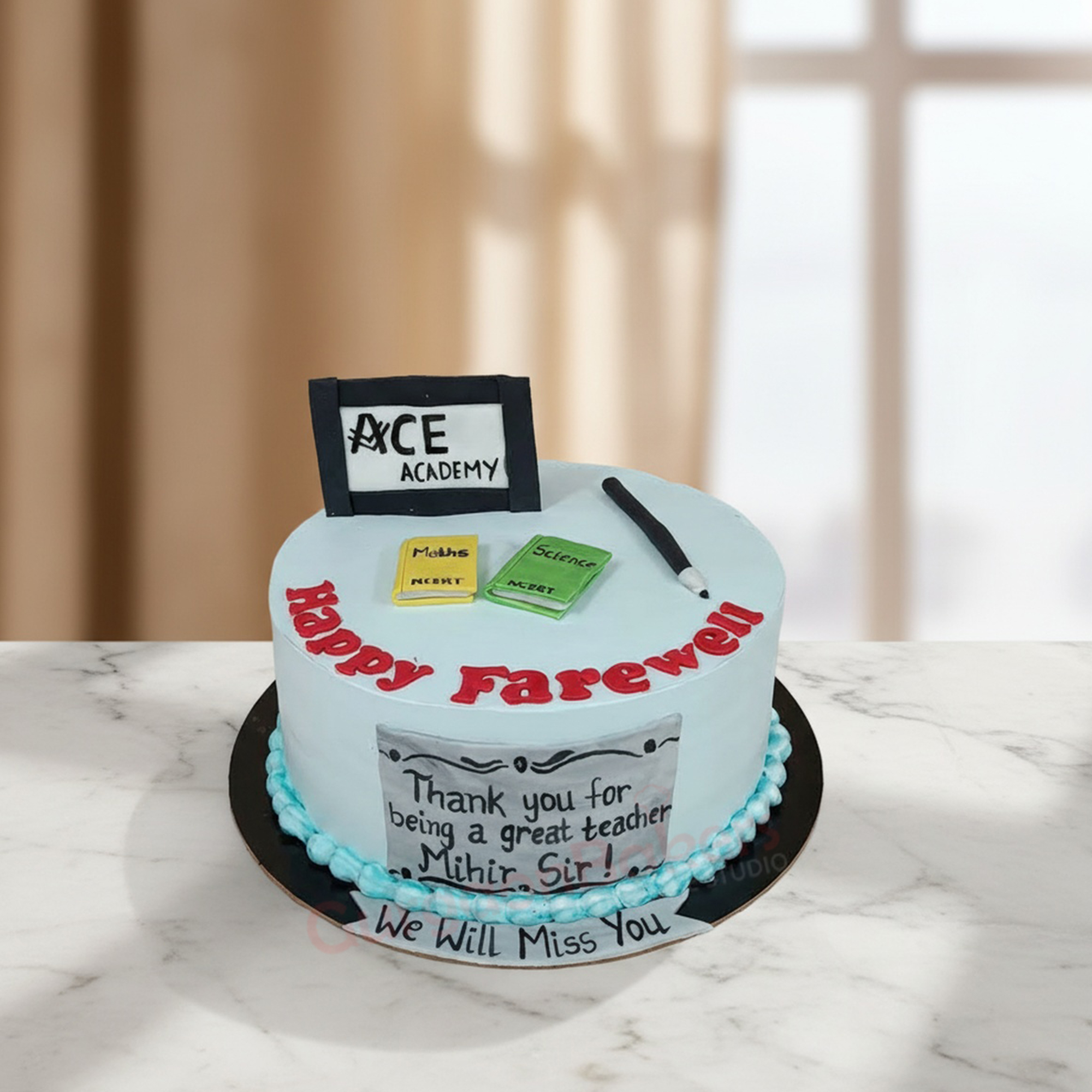 Farewell Cake for the Perfect Send-off A creative farewell cake with designs reflecting a teacher's appreciation.