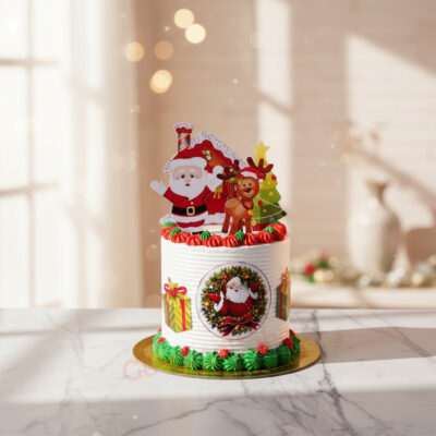 A beautifully decorated Festive Santa Christmas Cake with Santa, reindeer, and holiday decorations