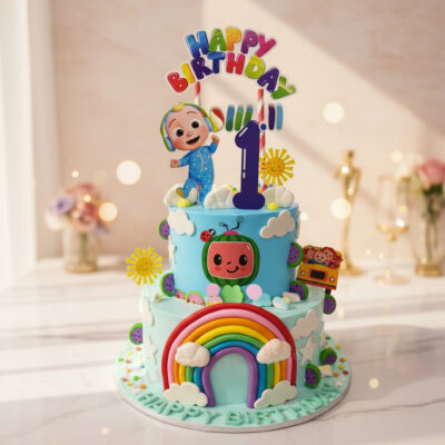 A vibrant First Birthday Cocomelon Cake with colorful decorations and a cheerful design.