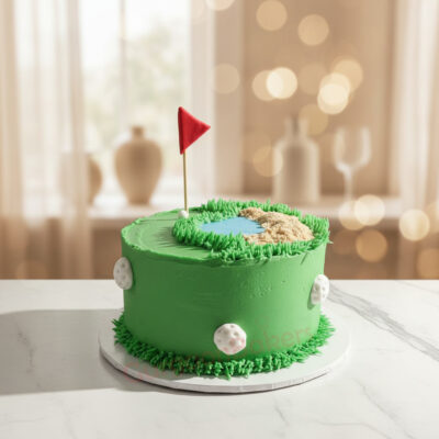 Golf theme cake decorated with green icing, a red flag, and golf ball accents
