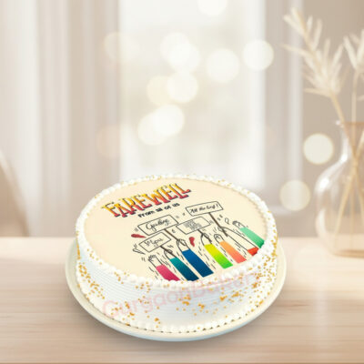 A beautifully designed farewell cake with cheerful colors and personal messages.