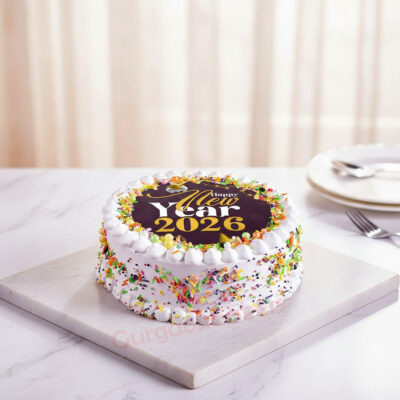 Delicious New Year cake for 2026 decorated with colorful sprinkles