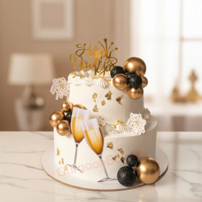 A festive New Year cake with gold and black decorations, celebrating the New Year